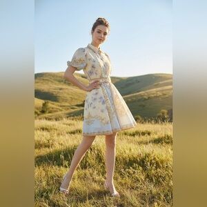 Baroque Scrollwork Floral Mini Dress with Pearl Belt - Taelynn